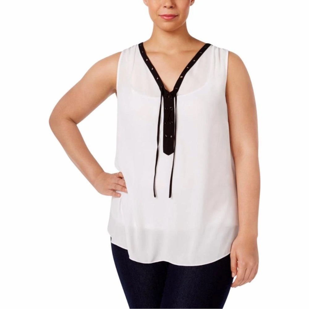Torrid White Blouse with Lace Up Tie Front Black Gromet Trim Plus Size
